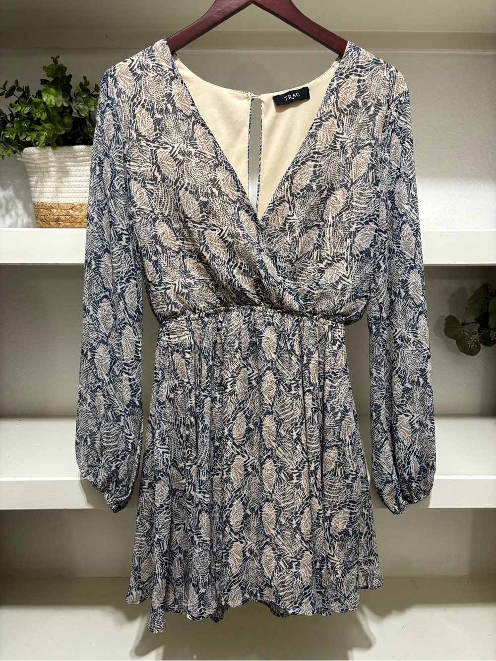 TRAC Blue and Cream Printed Long Sleeve Wrap Dress